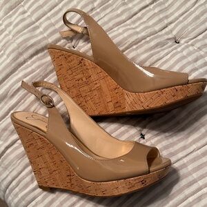 Jessica Simpson patent nude peep toe wedge size 7.5